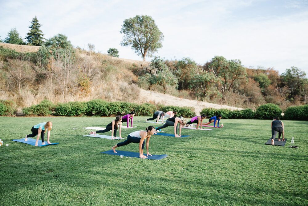 Outdoor yoga class on a lawn beneath a hillside
