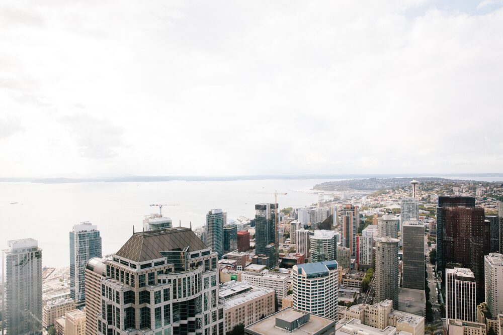 Aerial view of a downtown skyline and waterfront